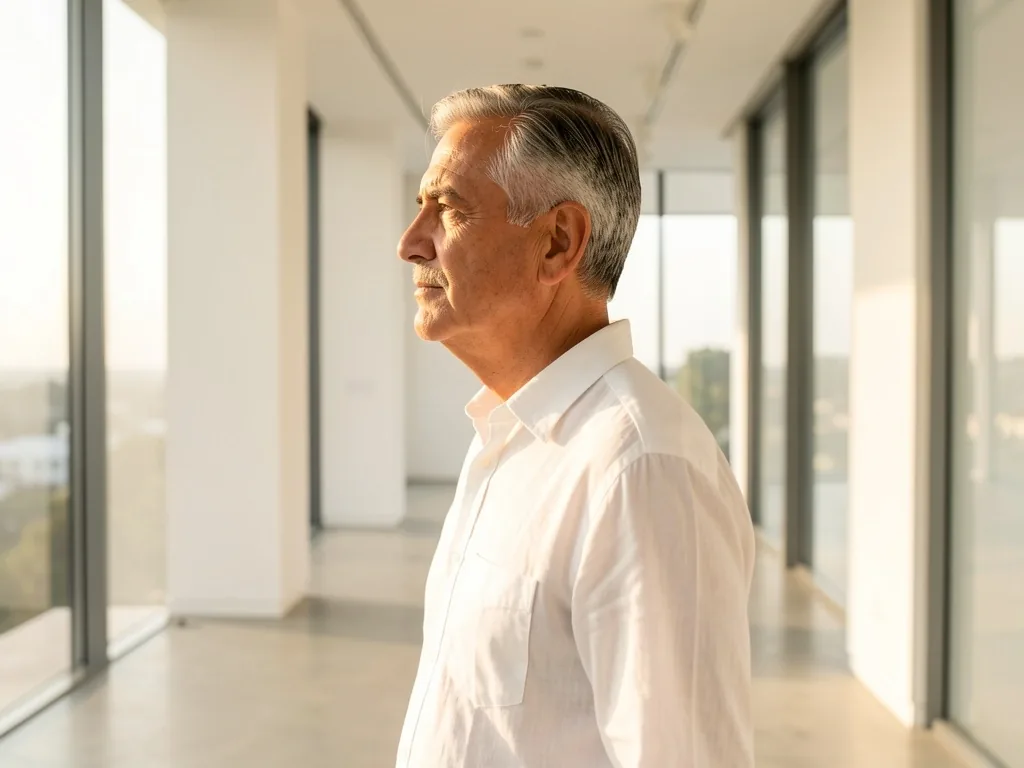 Hombre adulto en espacio arquitectónico luminoso