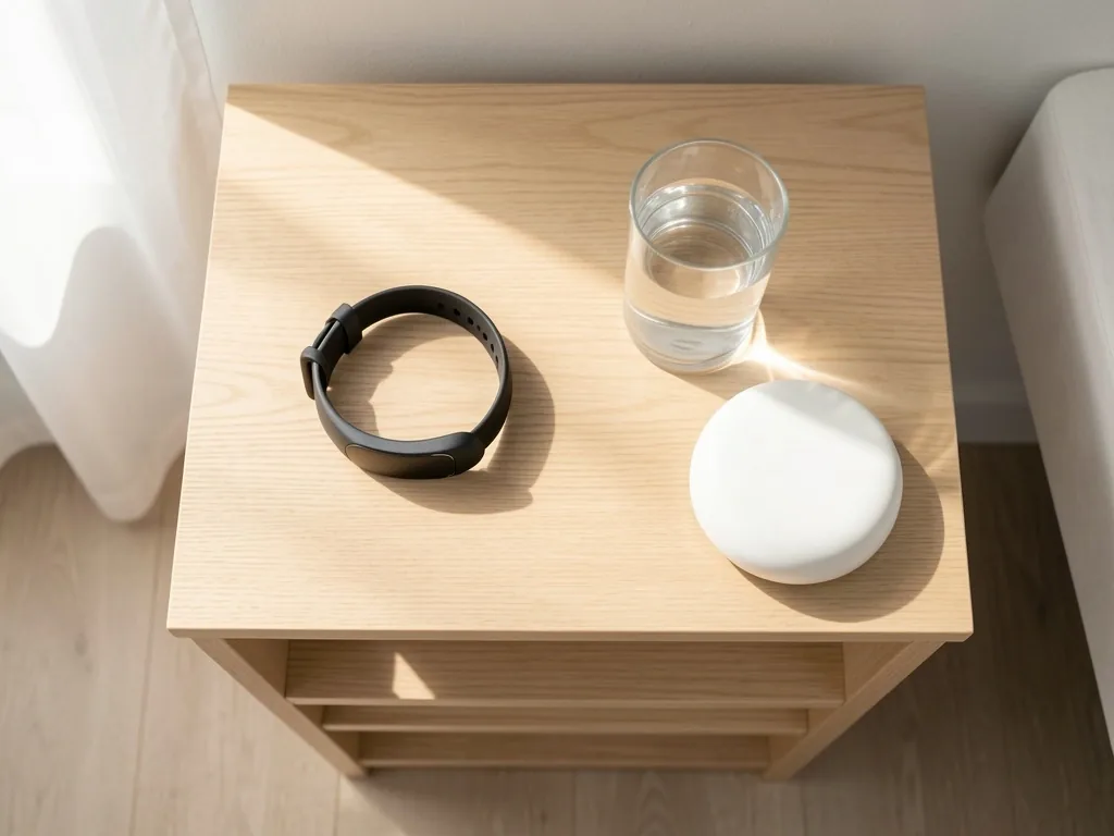 Pulsera de actividad y diario de bienestar sobre una mesa