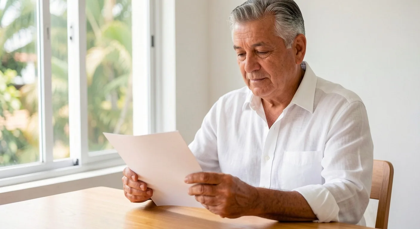 Hombre adulto leyendo información sobre bienestar en un espacio luminoso