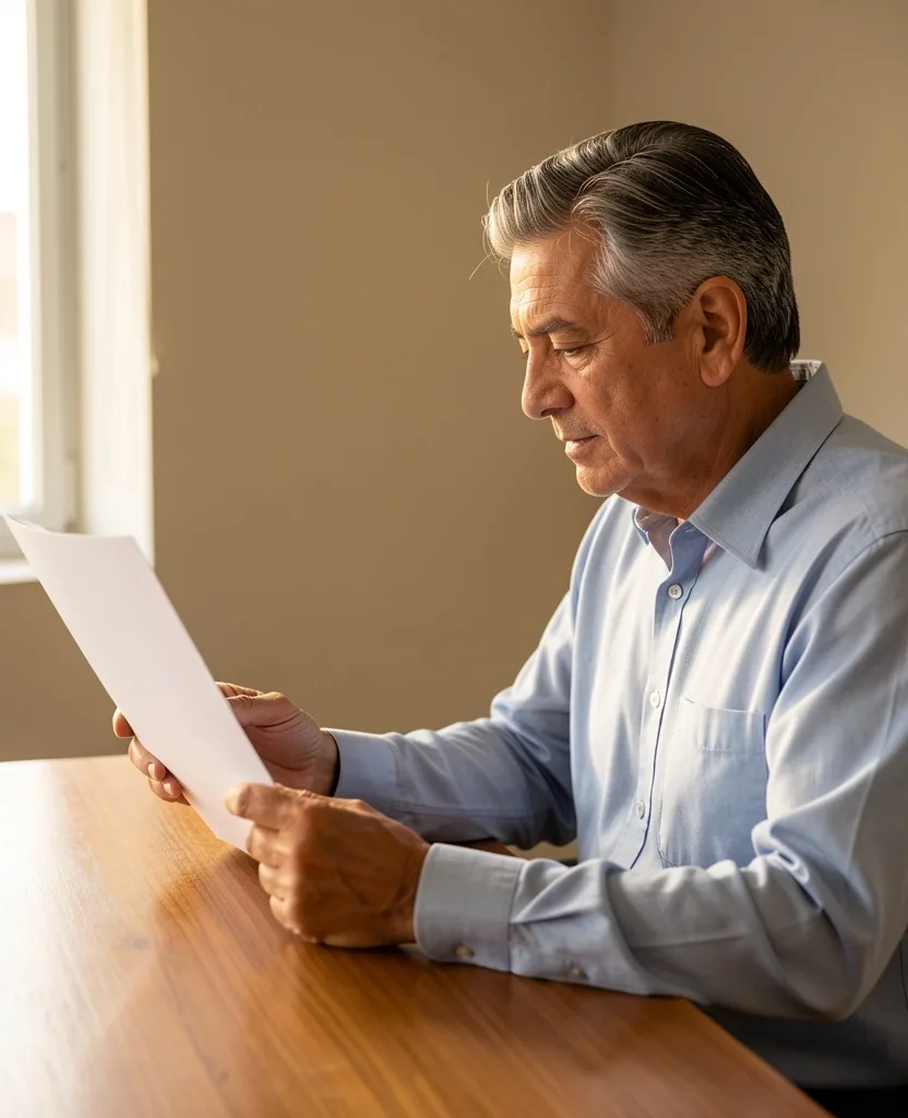 Hombre leyendo un documento en su escritorio