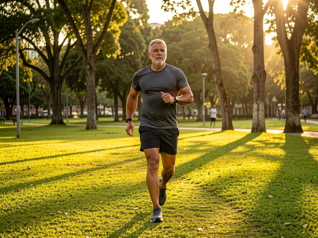 Hombre maduro caminando en un parque al atardecer